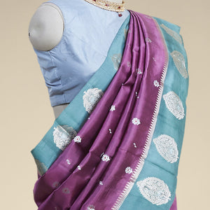 Purple  floral motifs dupion silk saree with contast zari design border