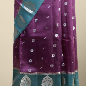 Purple  floral motifs dupion silk saree with contast zari design border