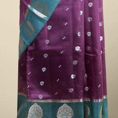 Purple  floral motifs dupion silk saree with contast zari design border