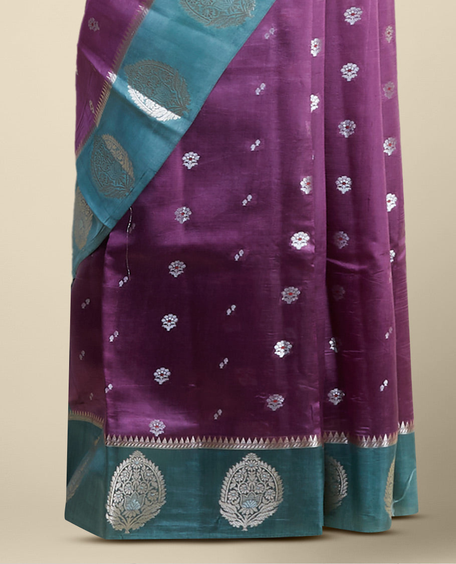Purple  floral motifs dupion silk saree with contast zari design border