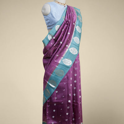 Purple  floral motifs dupion silk saree with contast zari design border