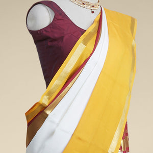 white & yellow mysore silk saree with contrast zair design border