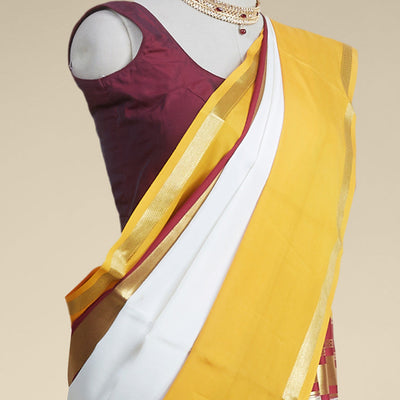 white & yellow mysore silk saree with contrast zair design border