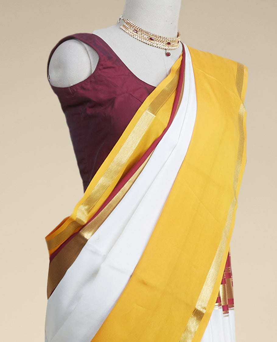 white & yellow mysore silk saree with contrast zair design border
