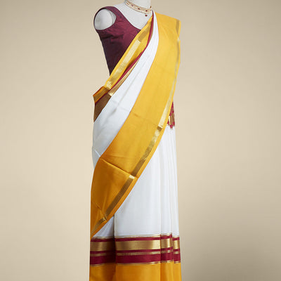 white & yellow mysore silk saree with contrast zair design border
