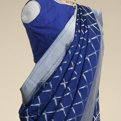Blue checked mysore silk saree with contrast intricate zari border