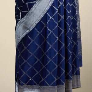 Blue checked mysore silk saree with contrast intricate zari border