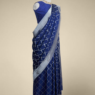 Blue checked mysore silk saree with contrast intricate zari border