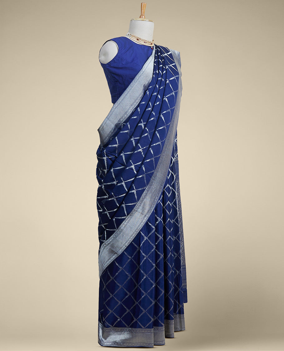 Blue checked mysore silk saree with contrast intricate zari border