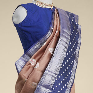 Brown leaf motifs dupion silk saree with contrast traditional zari border
