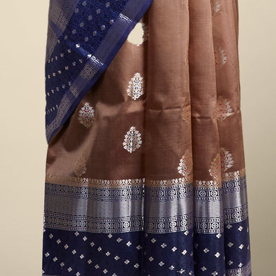 Brown leaf motifs dupion silk saree with contrast traditional zari border