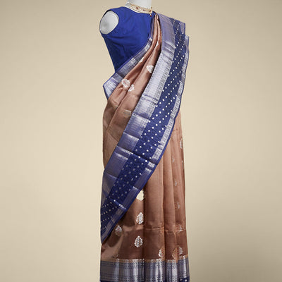 Brown leaf motifs dupion silk saree with contrast traditional zari border
