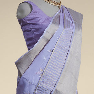 Lavender floral embroidery mysore silk saree with contrast striped zari bor