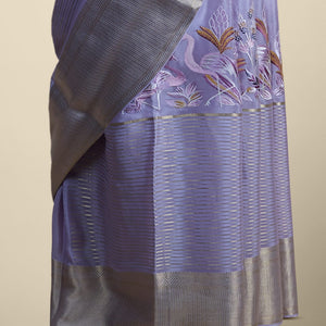 Lavender floral embroidery mysore silk saree with contrast striped zari bor