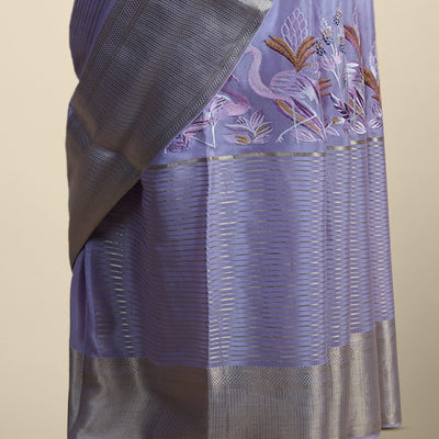 Lavender floral embroidery mysore silk saree with contrast striped zari bor