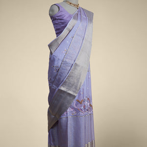 Lavender floral embroidery mysore silk saree with contrast striped zari bor