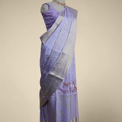 Lavender floral embroidery mysore silk saree with contrast striped zari bor
