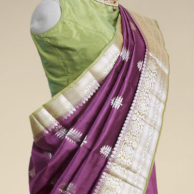 Purple floral motifs dupion silk saree with contrast traditional zari border