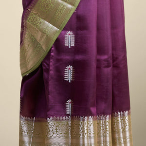 Purple floral motifs dupion silk saree with contrast traditional zari border