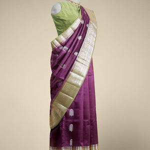 Purple floral motifs dupion silk saree with contrast traditional zari border