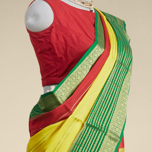 Yellow striped design mysore silk sare with contrast traditional zari border