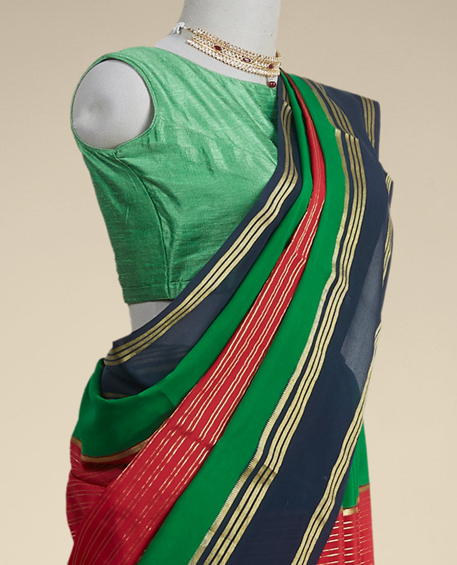 Pink striped mysore silk saree with contrast striped border