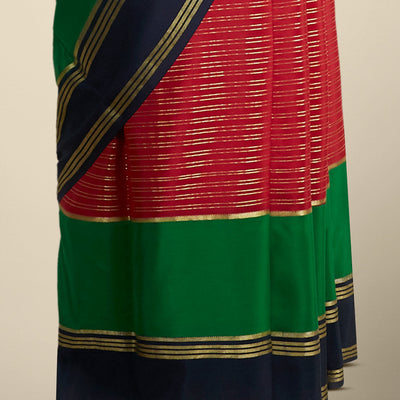 Pink striped mysore silk saree with contrast striped border