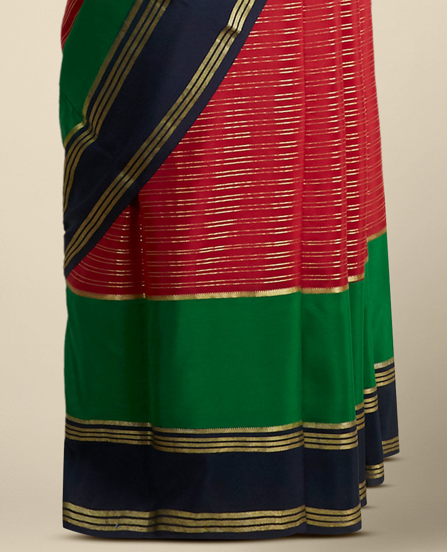 Pink striped mysore silk saree with contrast striped border