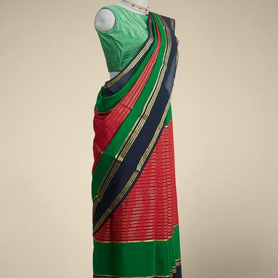 Pink striped mysore silk saree with contrast striped border
