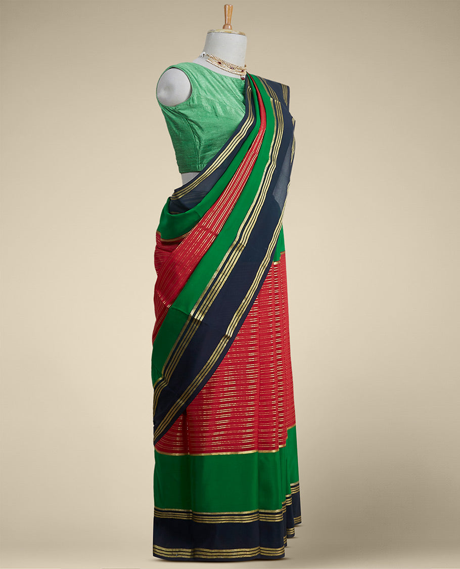 Pink striped mysore silk saree with contrast striped border