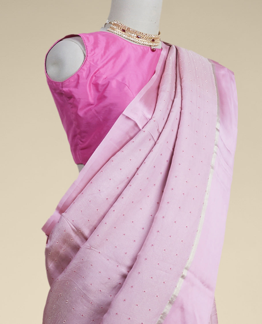 Pink floral motifs mysore silk saree with self zari border