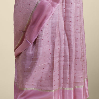 Pink floral motifs mysore silk saree with self zari border