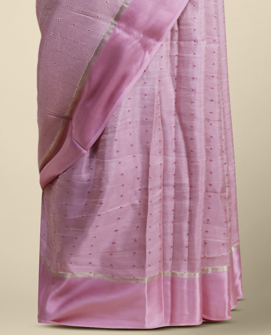 Pink floral motifs mysore silk saree with self zari border