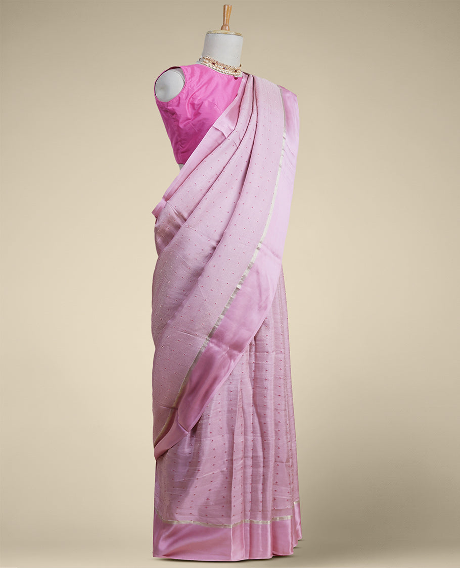 Pink floral motifs mysore silk saree with self zari border