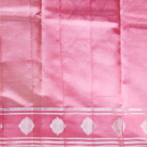 Pink floral motifs dupion silk saree with contrast floral zari border