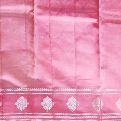 Pink floral motifs dupion silk saree with contrast floral zari border