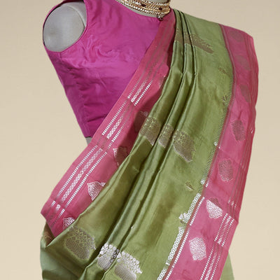 Pink floral motifs dupion silk saree with contrast floral zari border