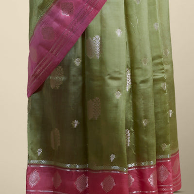 Pink floral motifs dupion silk saree with contrast floral zari border