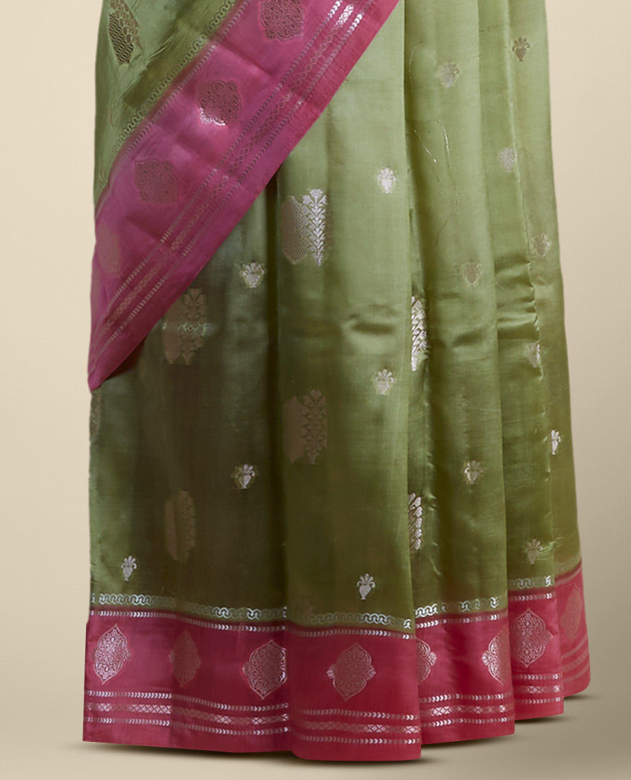 Pink floral motifs dupion silk saree with contrast floral zari border