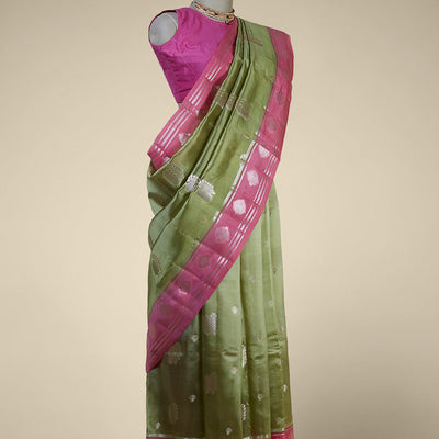 Pink floral motifs dupion silk saree with contrast floral zari border