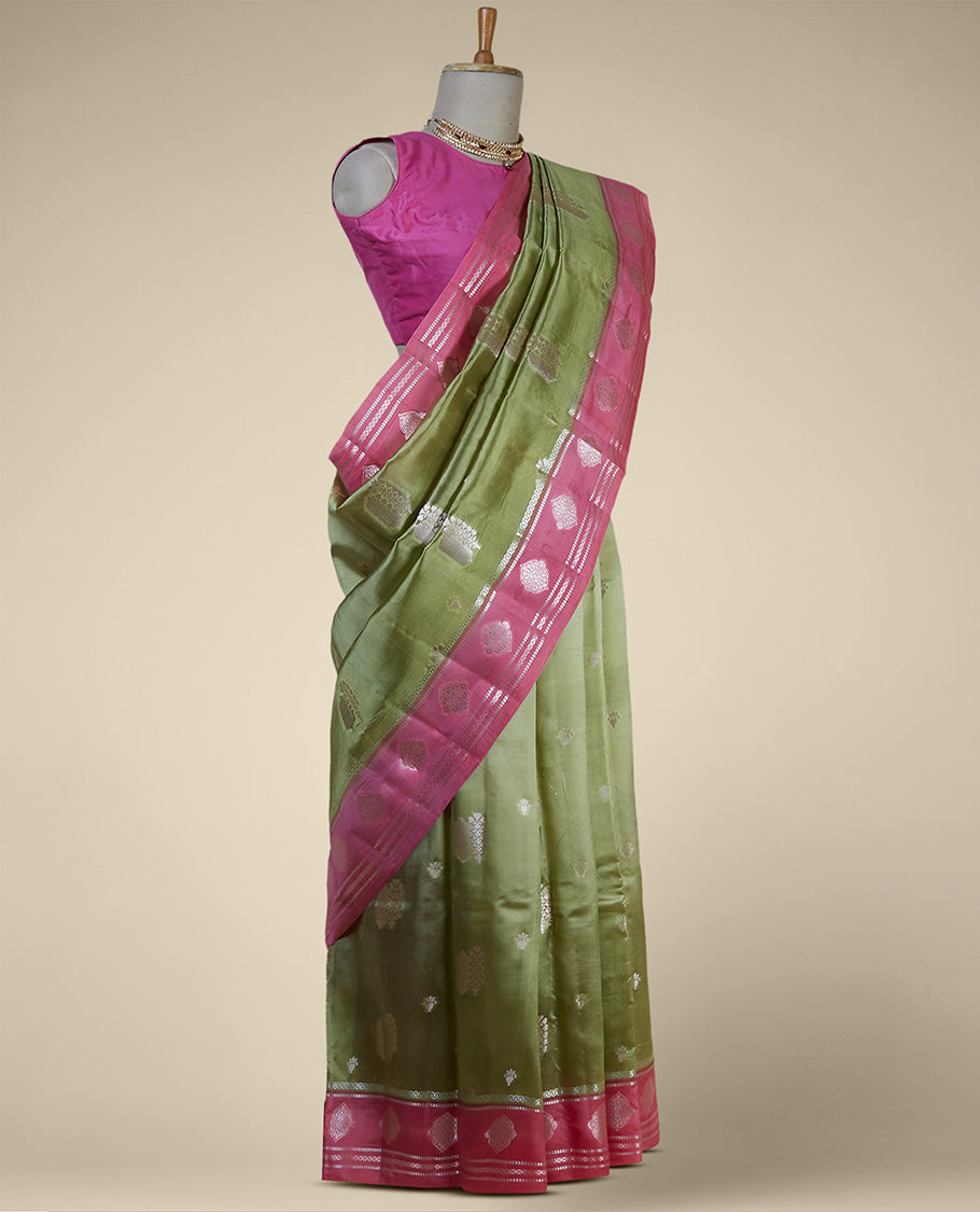 Pink floral motifs dupion silk saree with contrast floral zari border