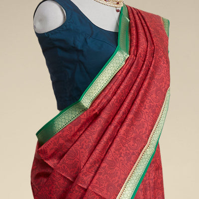 Red floral printed silk saree with contrast zari border