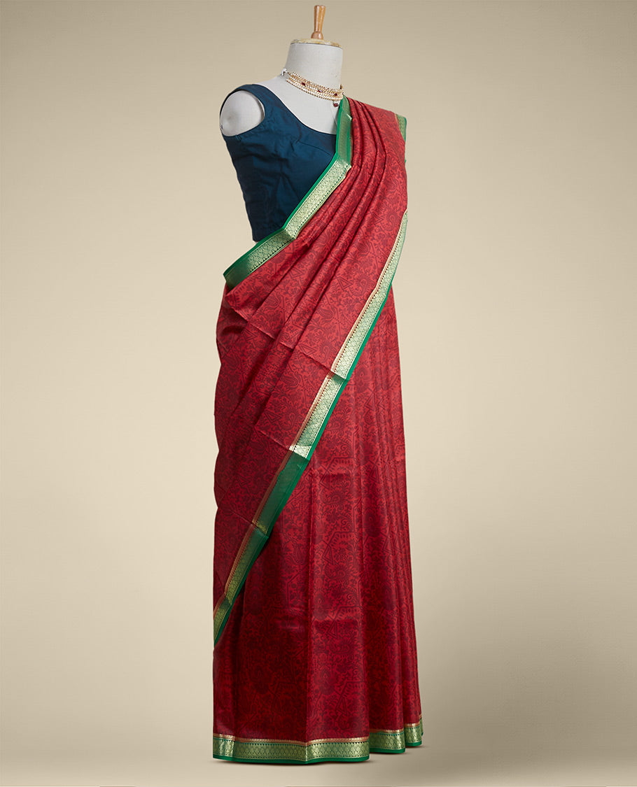 Red floral printed silk saree with contrast zari border