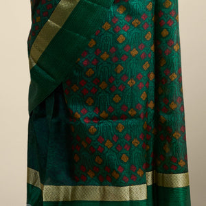 Green geometric printed silk saree with contrast intricate design border