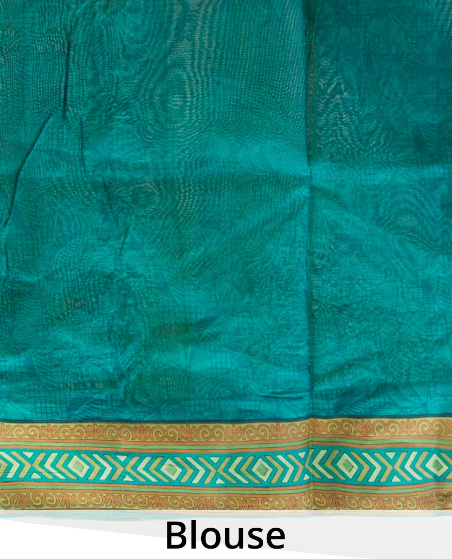 Green geometric printed silk saree with contrast geometric  design border
