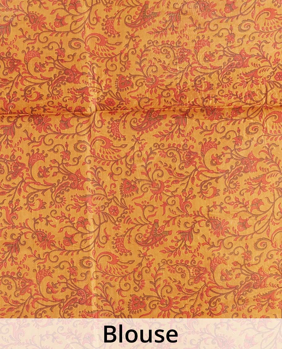 orange floral printed silk saree with contras plain border