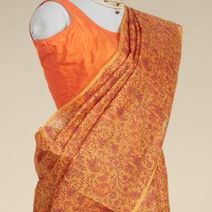 orange floral printed silk saree with contras plain border