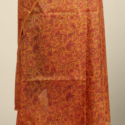 orange floral printed silk saree with contras plain border