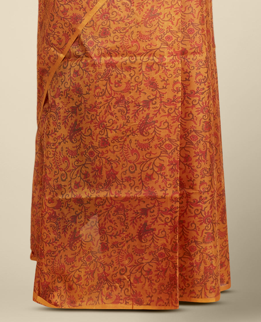 orange floral printed silk saree with contras plain border