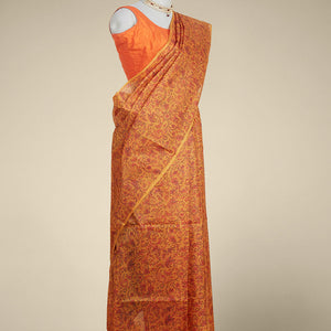 orange floral printed silk saree with contras plain border